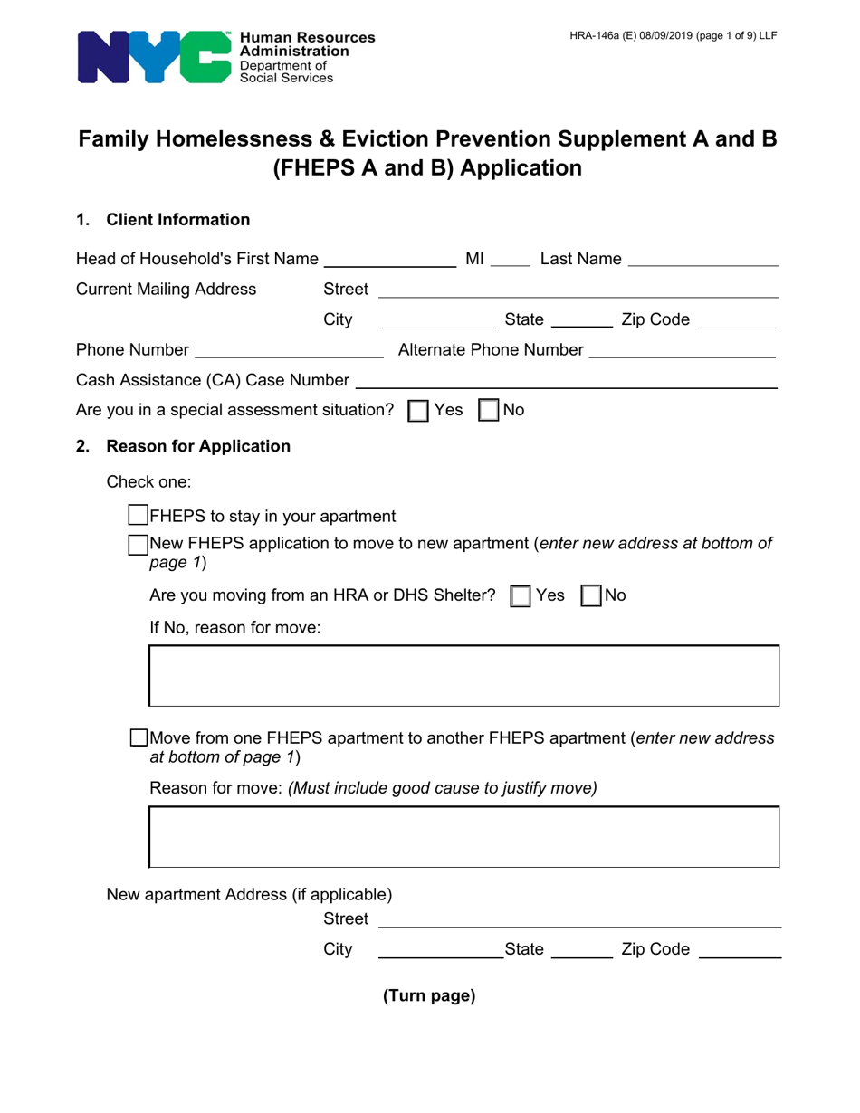 Form HRA-146A Download Fillable PDF or Fill Online Family Homelessness