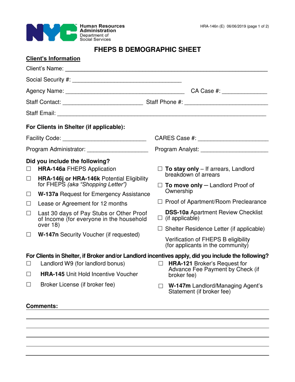 Form HRA-146N Fheps B Demographic Sheet - New York City, Page 1