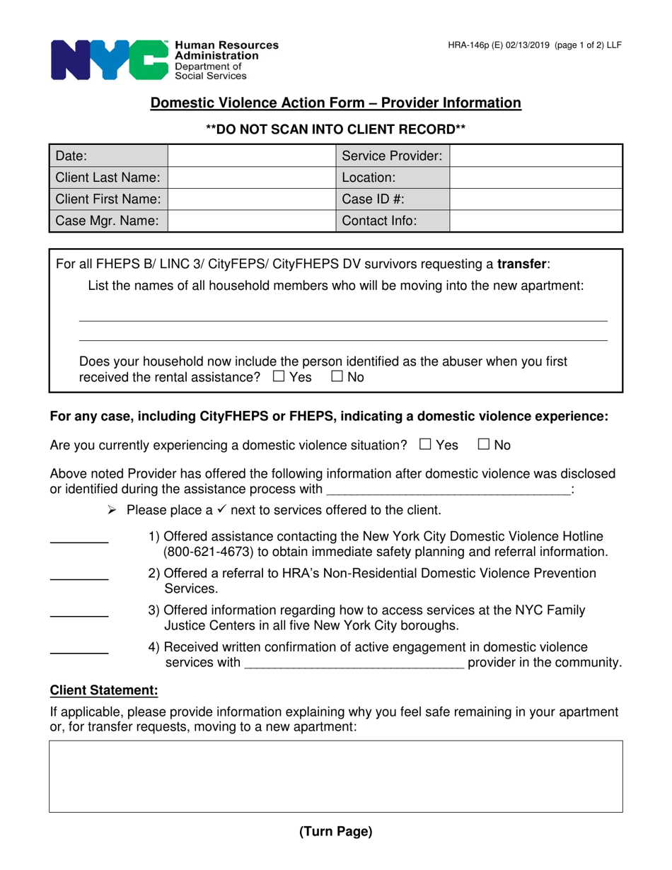 Form HRA-146P Domestic Violence Action Form  Provider Information - New York City, Page 1