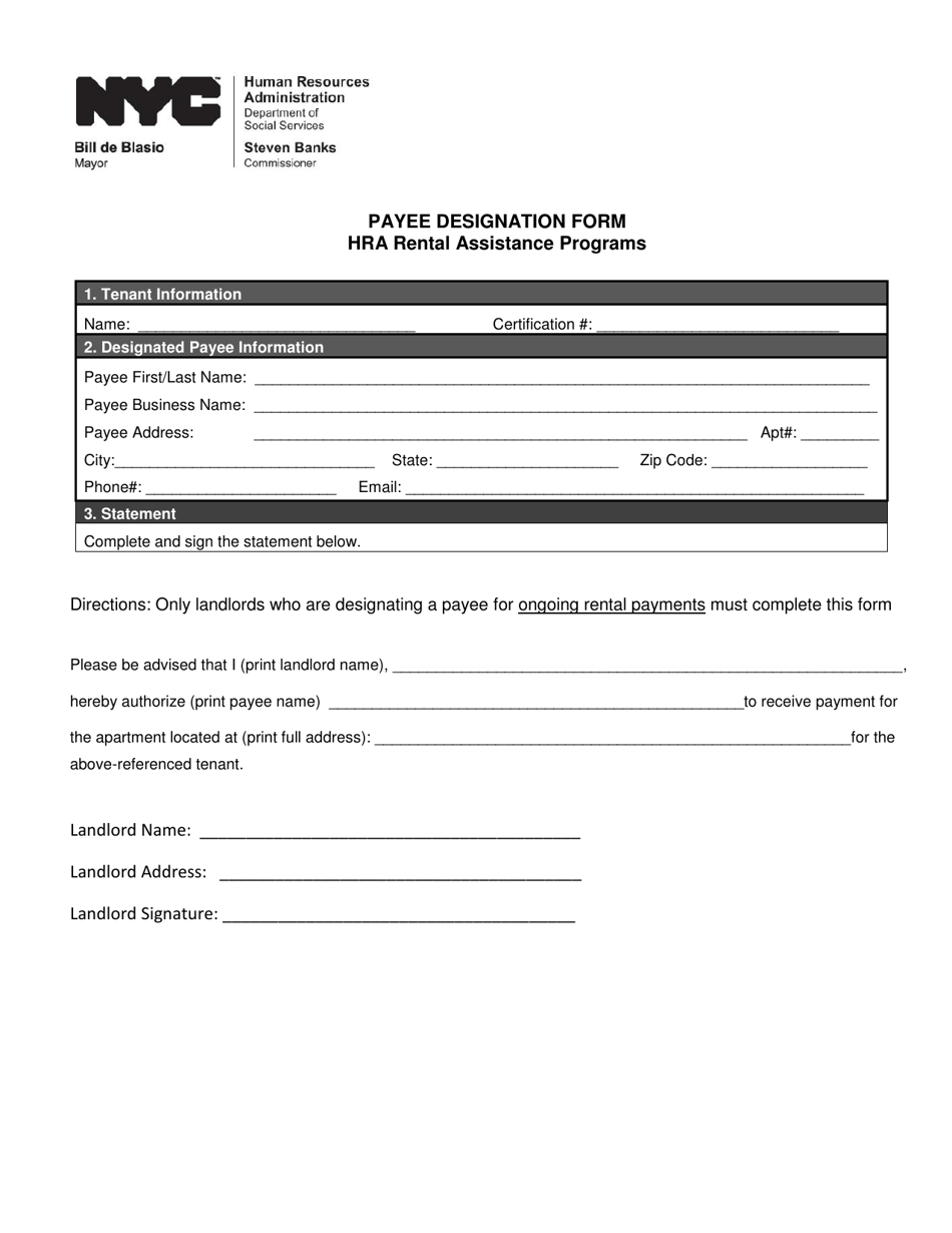 Payee Designation Form HRA Rental Assistance Programs - New York City, Page 1