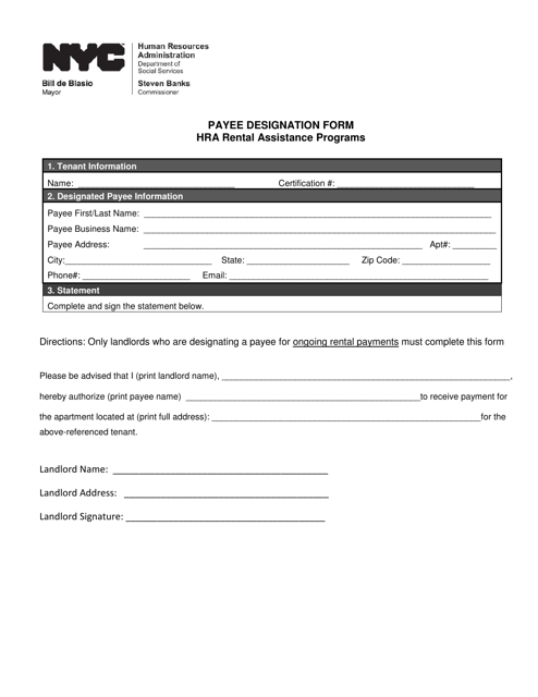 Payee Designation Form HRA Rental Assistance Programs - New York City Download Pdf