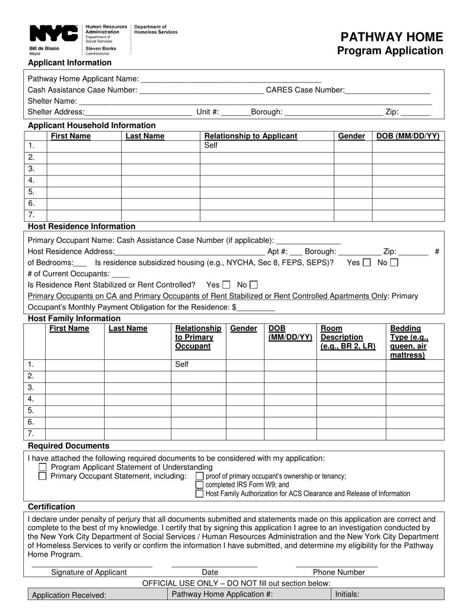 Pathway Home Program Application - New York City, Page 1