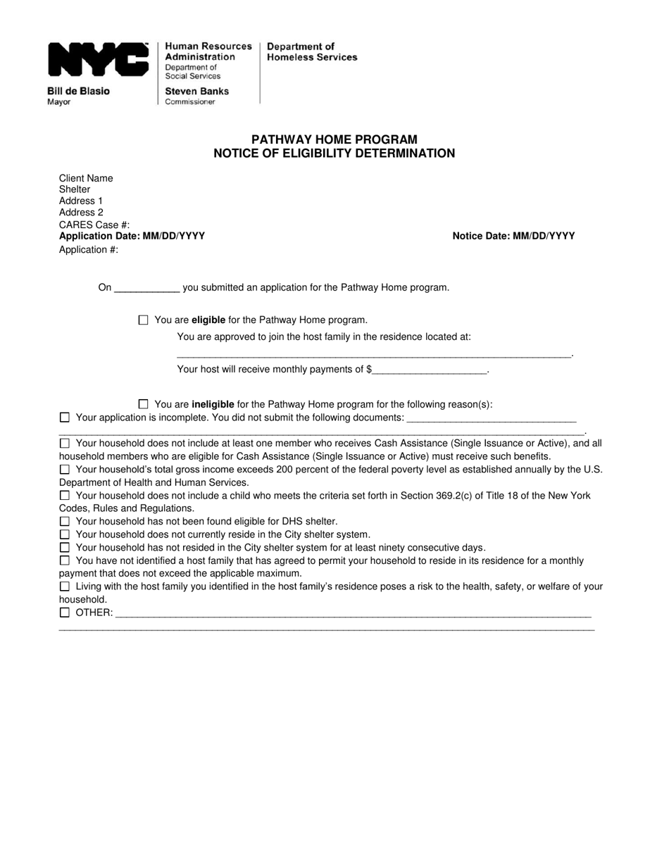 Pathway Home Program Notice of Eligibility Determination - New York City, Page 1