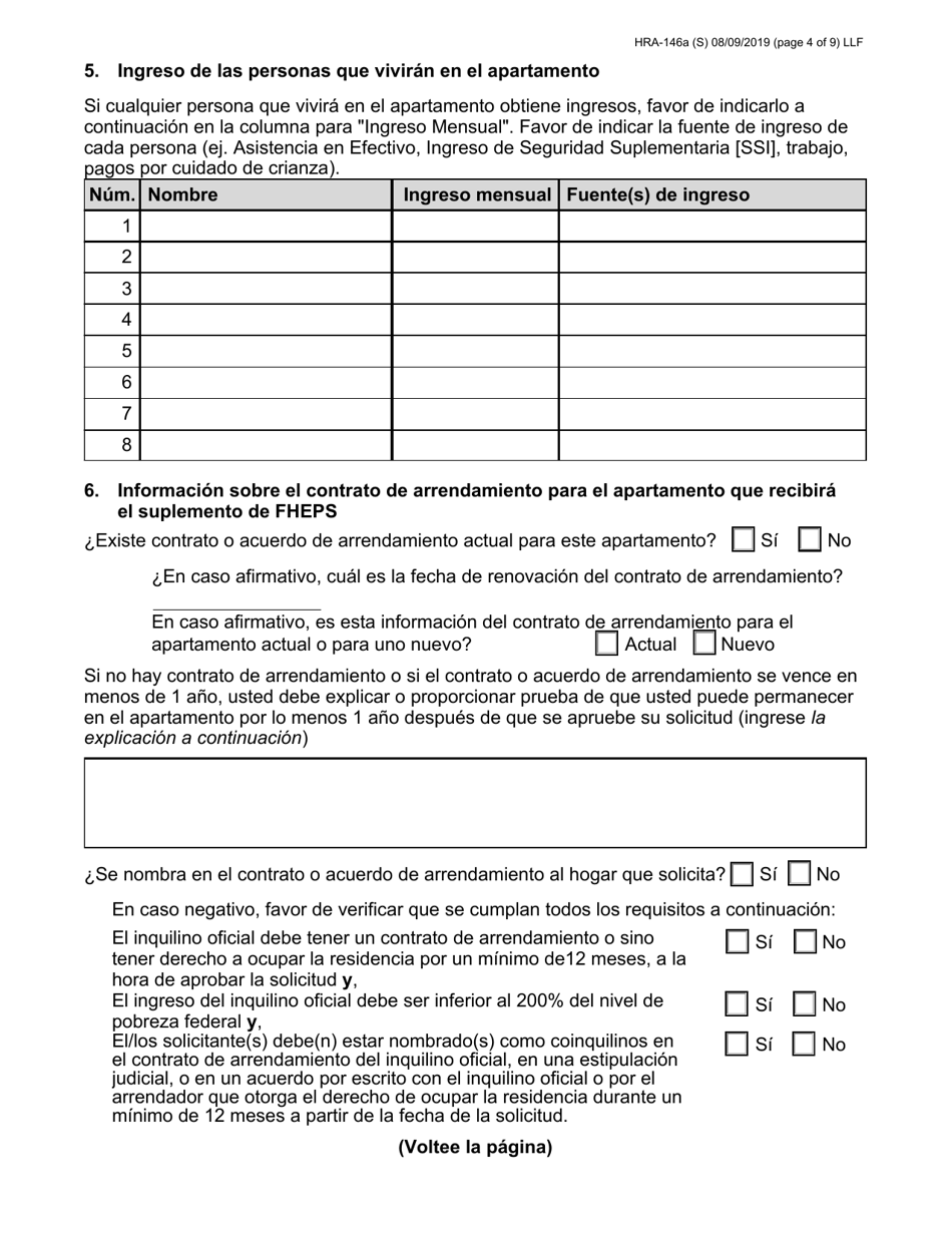 Form HRA-146A Family Homelessness  Eviction Prevention Supplement a and B (Fheps a and B) Application - New York City (English / Spanish), Page 4