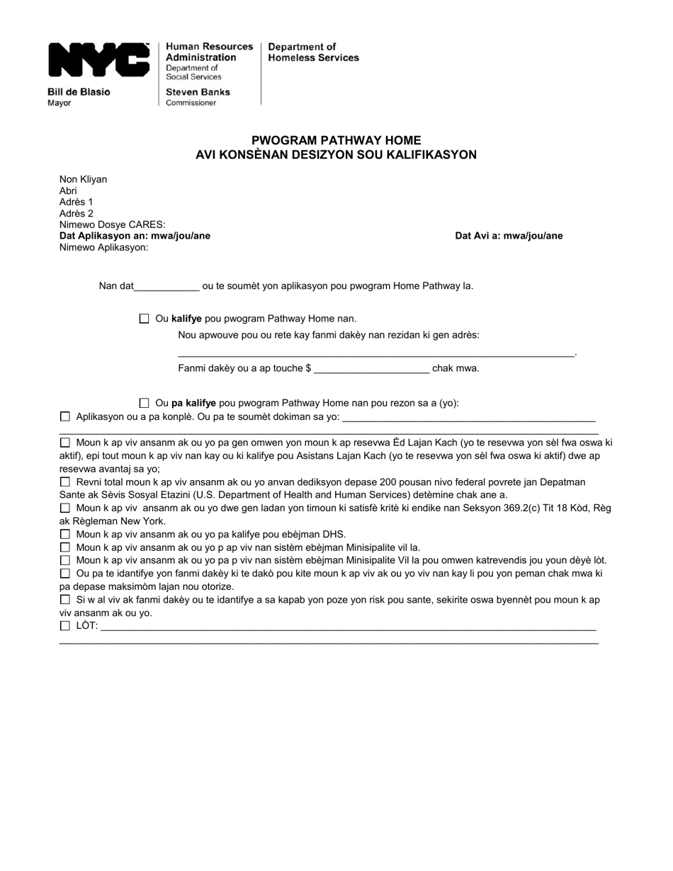 Pathway Home Program Notice of Eligibility Determination - New York City (Haitian Creole), Page 1