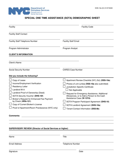 Form DHS-10E Special One Time Assistance (Sota) Demographic Sheet - New York City