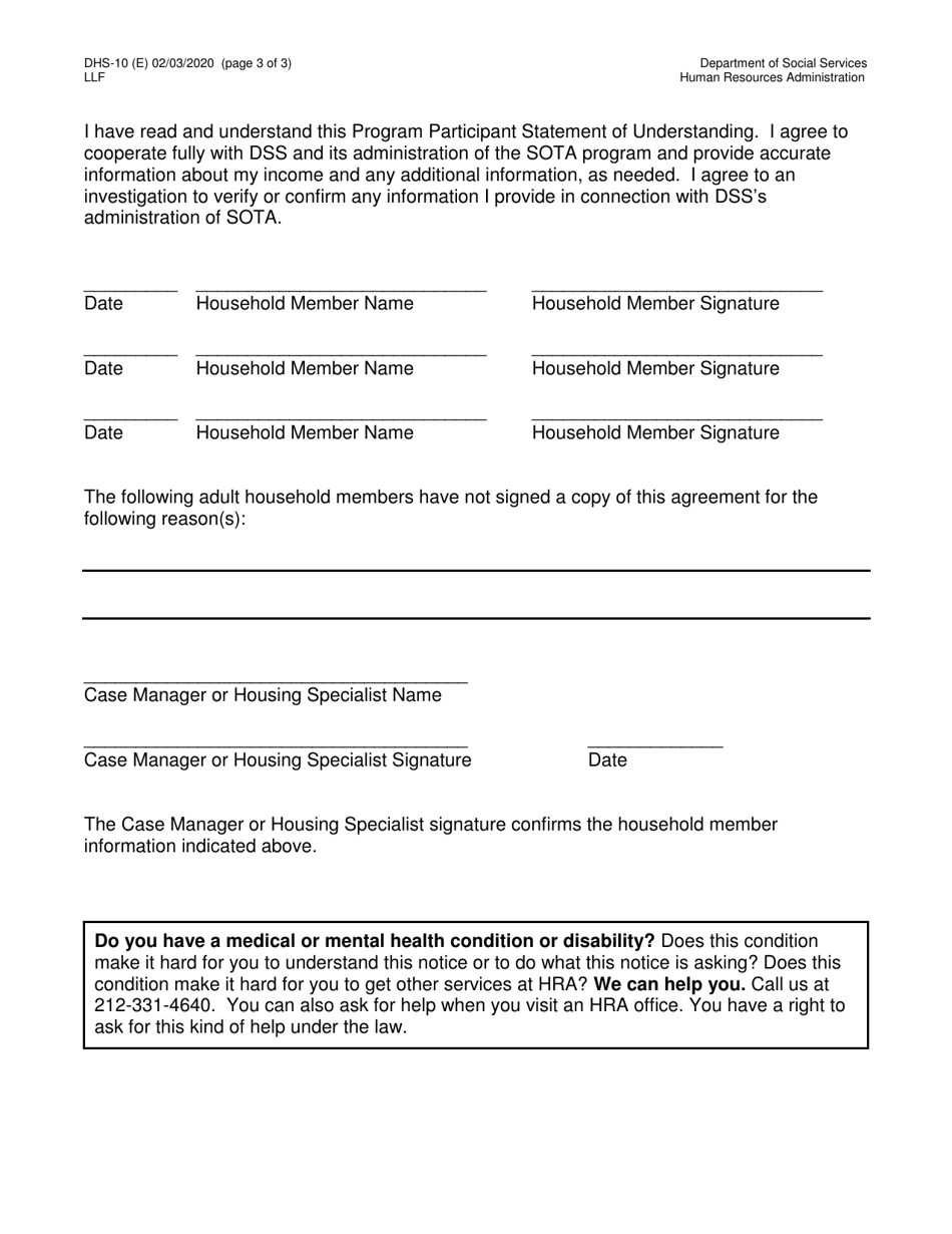 Form DHS-10 Special One Time Assistance (sota) Program Participant Agreement - New York City, Page 3
