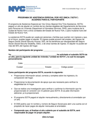 Formulario DHS-10 Programa De Asistencia Especial Por Vez Unica (&quot;sota&quot;) Acuerdo Para El Participante - New York City (Spanish)