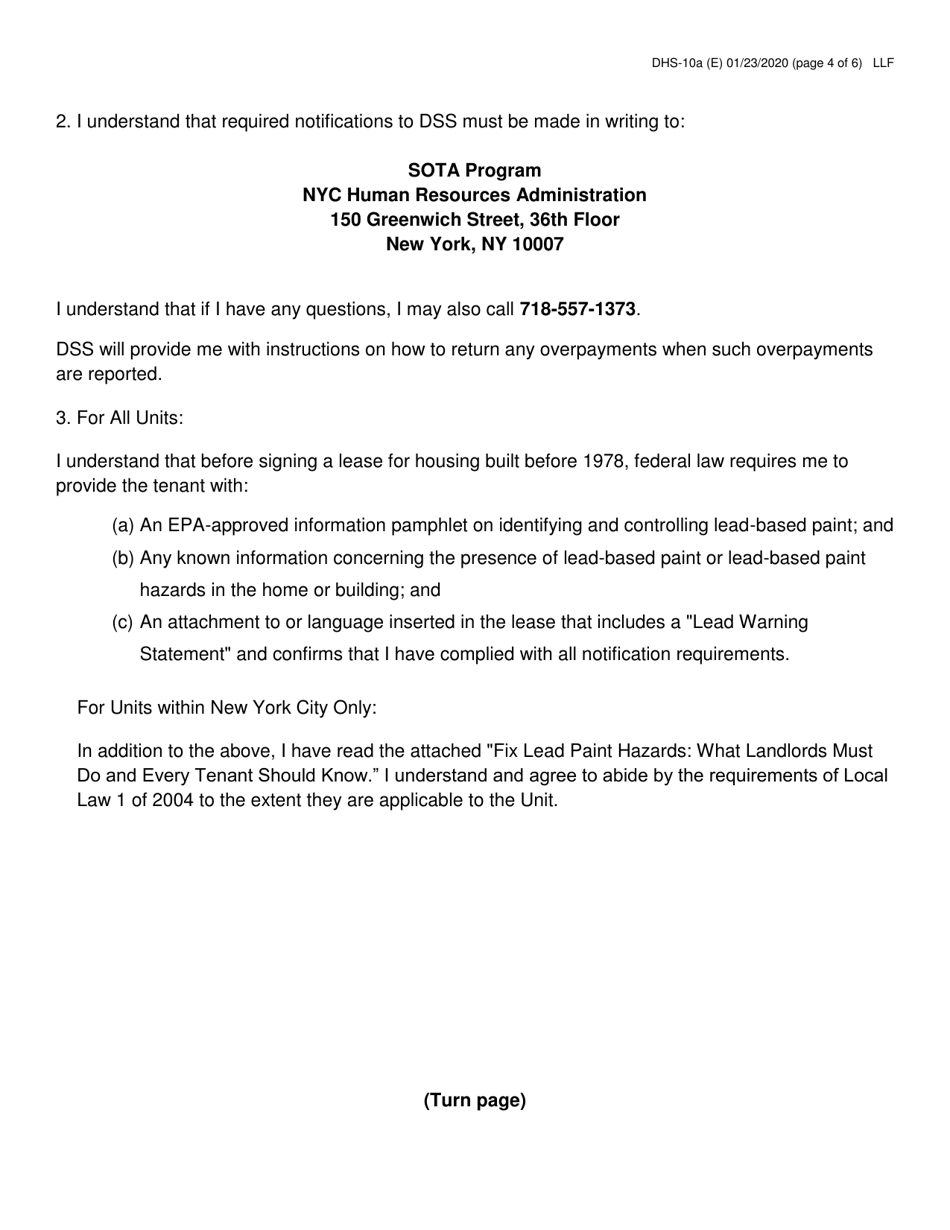 Form DHS-10A Special One Time Assistance (sota) Landlord Agreement - New York City, Page 4