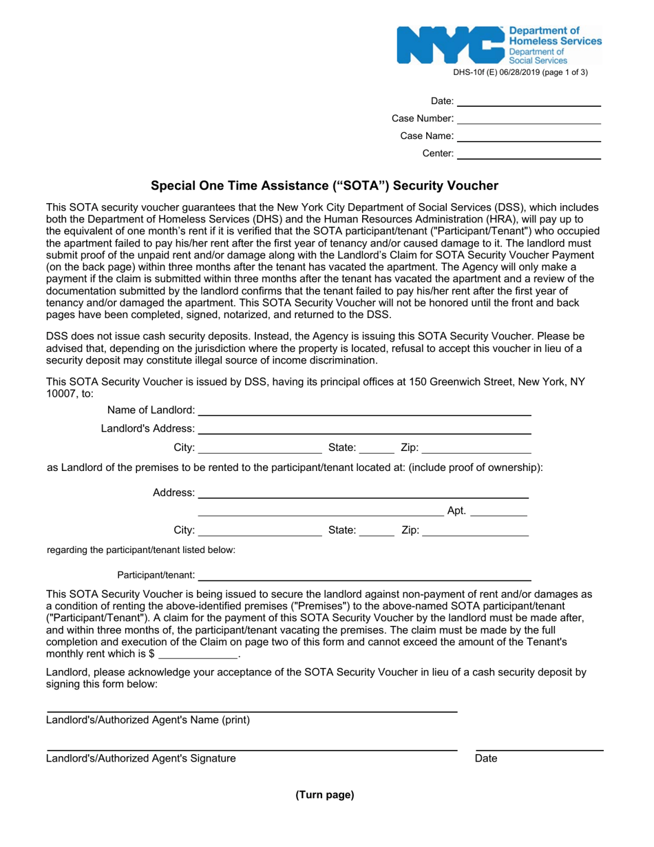 Form DHS-10F Special One Time Assistance (sota) Security Voucher - New York City, Page 1