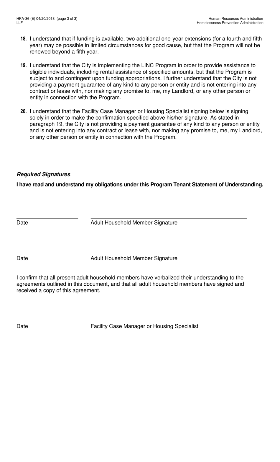 Form HPA-36 (E) Living in Communities (Linc) I Program Tenant Statement of Understanding - New York City, Page 3