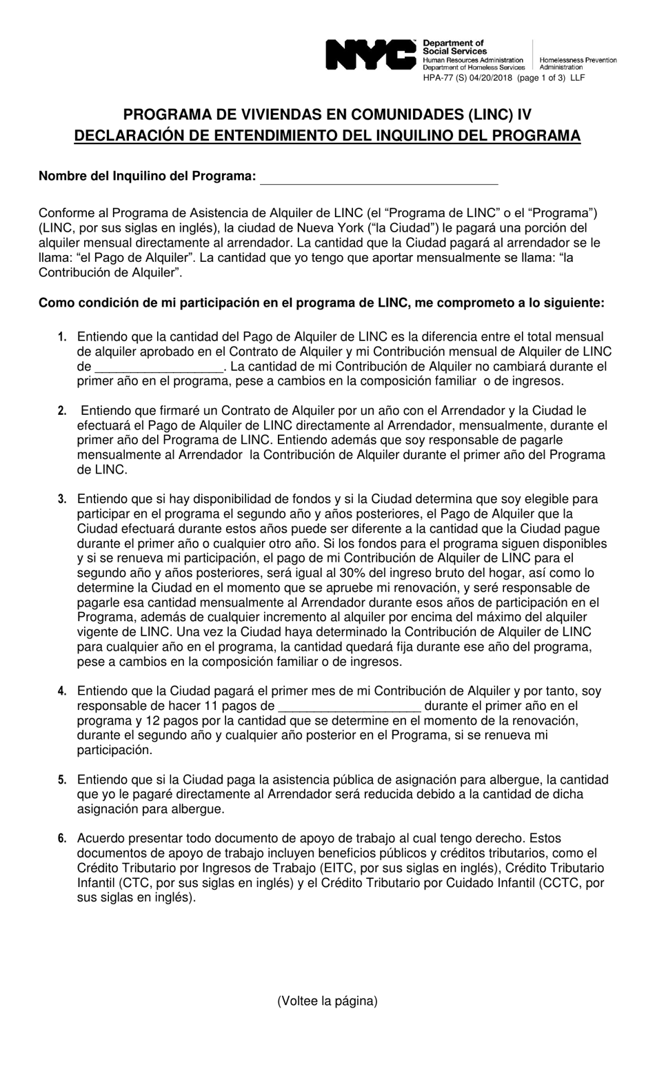 Formulario HPA-77 (S) Programa De Vivienda En Comunidades (Linc) IV Declaracion De Entendimiento Del Inquilino Del Programa - New York City (Spanish), Page 1
