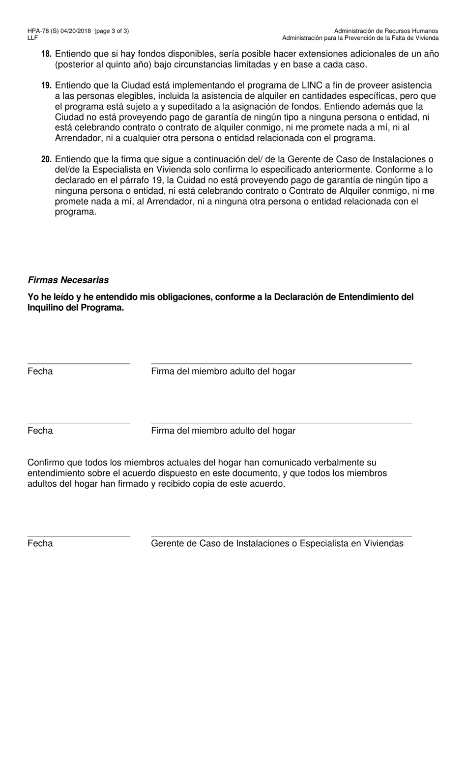 Formulario HPA-78 (S) Programa De Vivienda En Comunidades (Linc) V Declaracion De Entendimiento Del Inquilino Del Programa - New York City (Spanish), Page 3