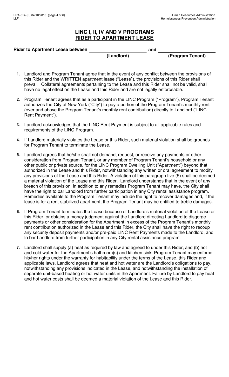 Form HPA-31A (E) Living in Communities (Linc) I, II, IV, and V Programs Landlord Statement of Understanding - New York City, Page 4