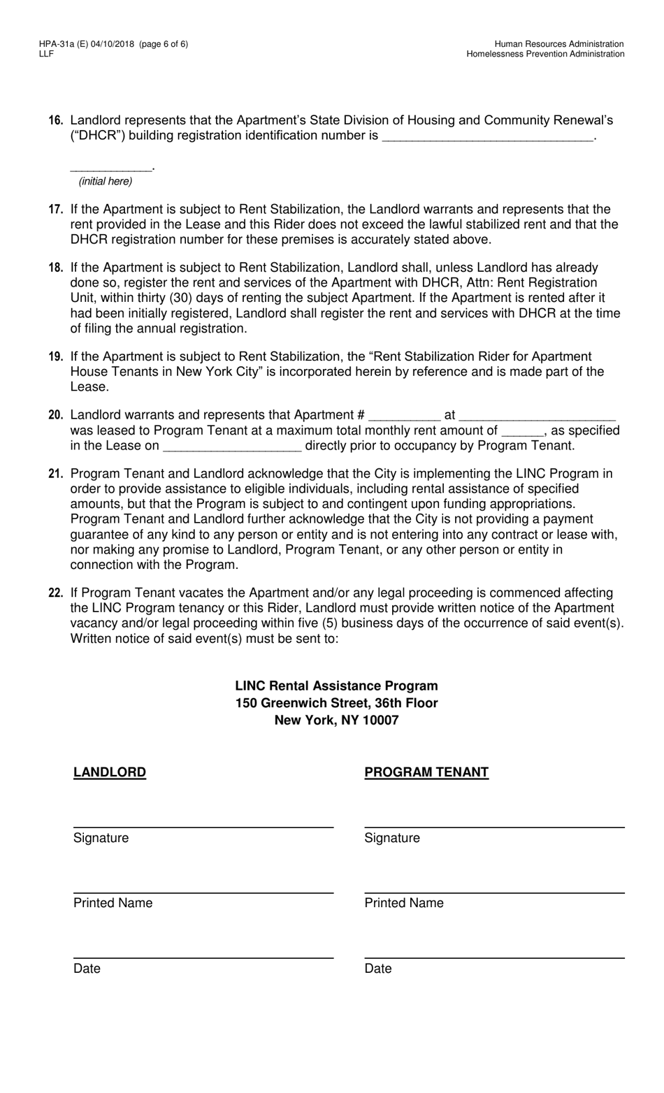 Form HPA-31A (E) Living in Communities (Linc) I, II, IV, and V Programs Landlord Statement of Understanding - New York City, Page 6