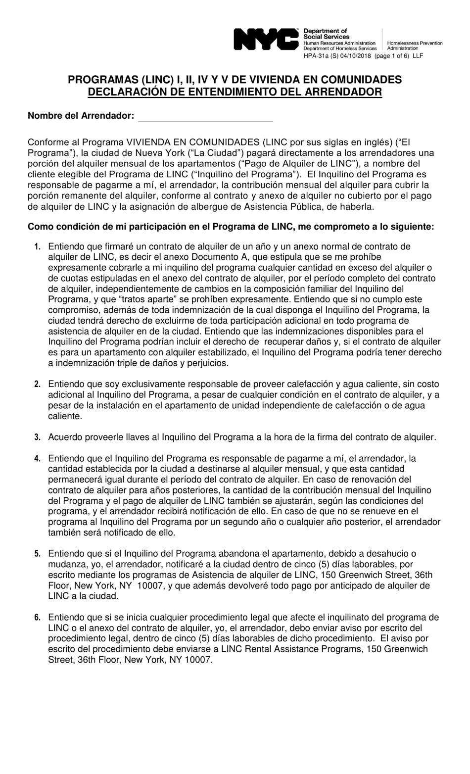 Formulario HPA-31A (S) Programas (Linc) I, II, IV, Y V De Vivienda En Comunidades Declaracion De Entendimiento Del Arrendador - New York City (Spanish), Page 1