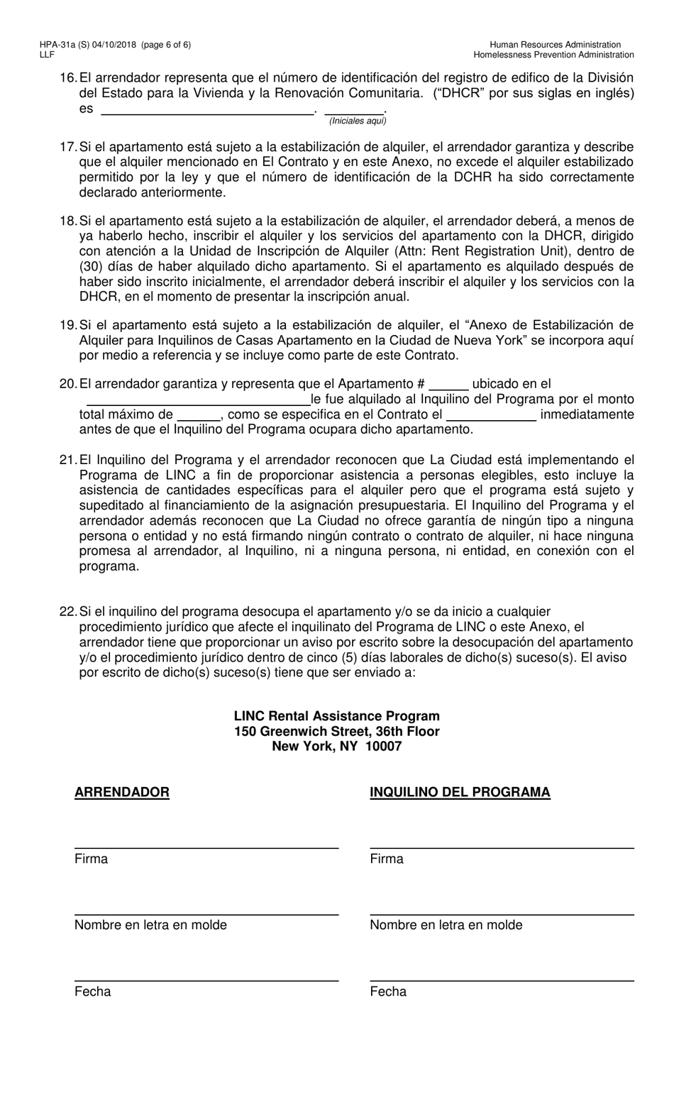 Formulario HPA-31A (S) Programas (Linc) I, II, IV, Y V De Vivienda En Comunidades Declaracion De Entendimiento Del Arrendador - New York City (Spanish), Page 6