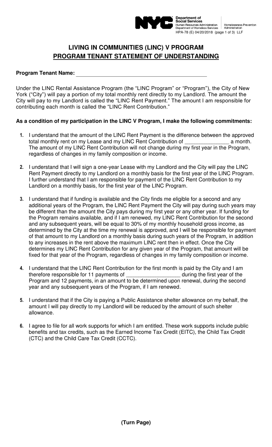 Form HPA-78 (E) Living in Communities (Linc) V Program Tenant Statement of Understanding - New York City, Page 1