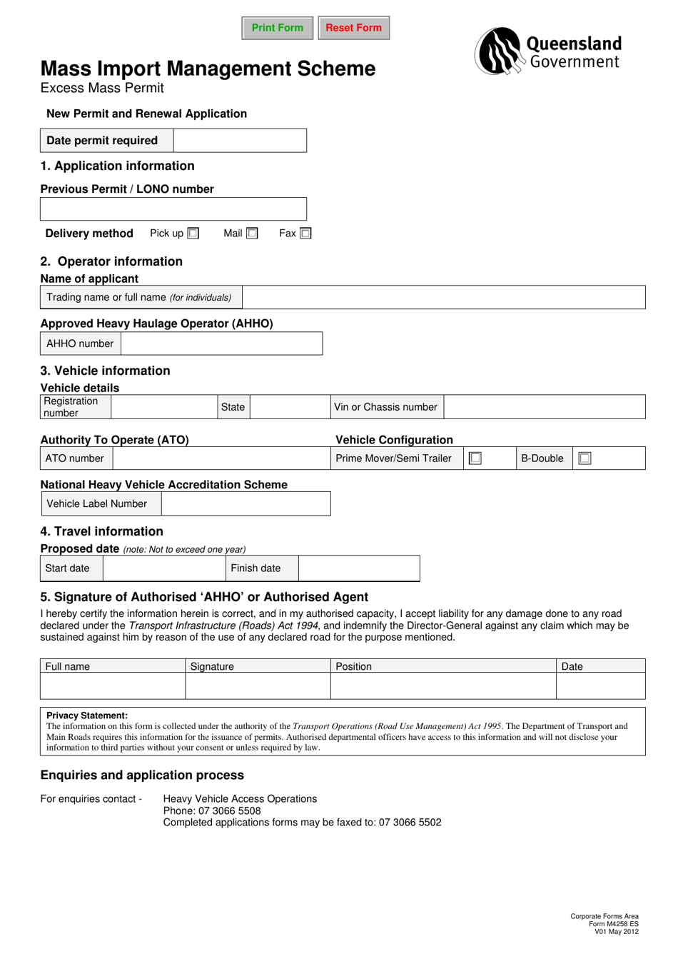 Form M4258 Mass Import Management Scheme - Queensland, Australia, Page 1