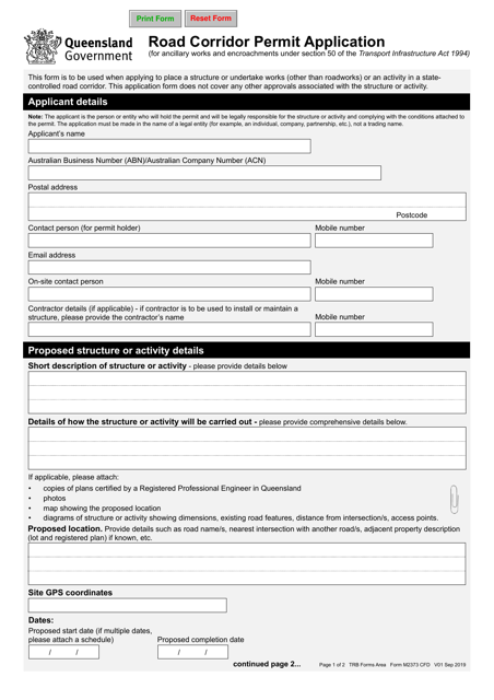 Form M2373 Road Corridor Permit Application - Queensland, Australia