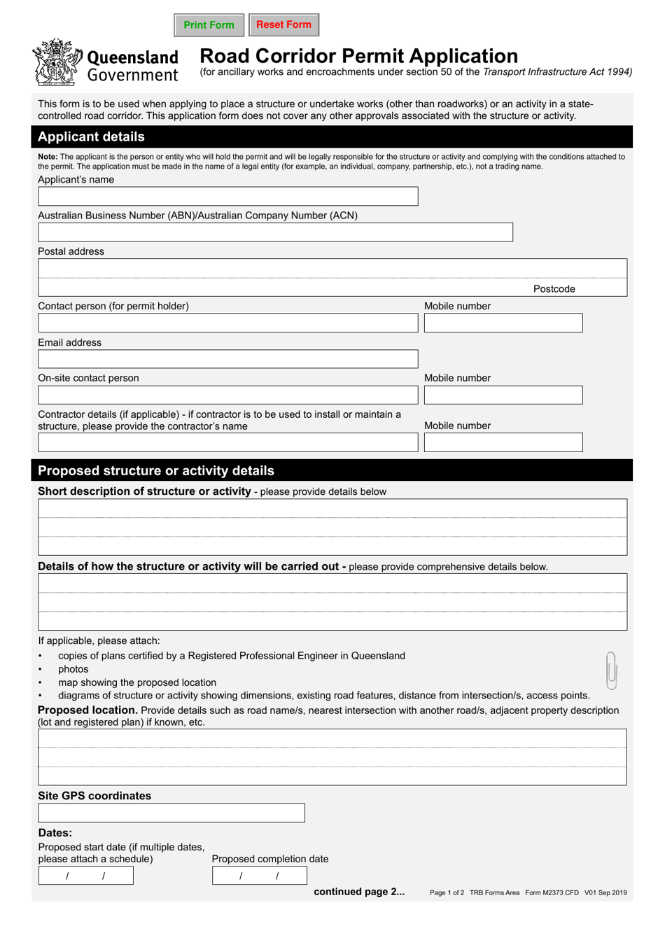 Form M2373 Road Corridor Permit Application - Queensland, Australia, Page 1