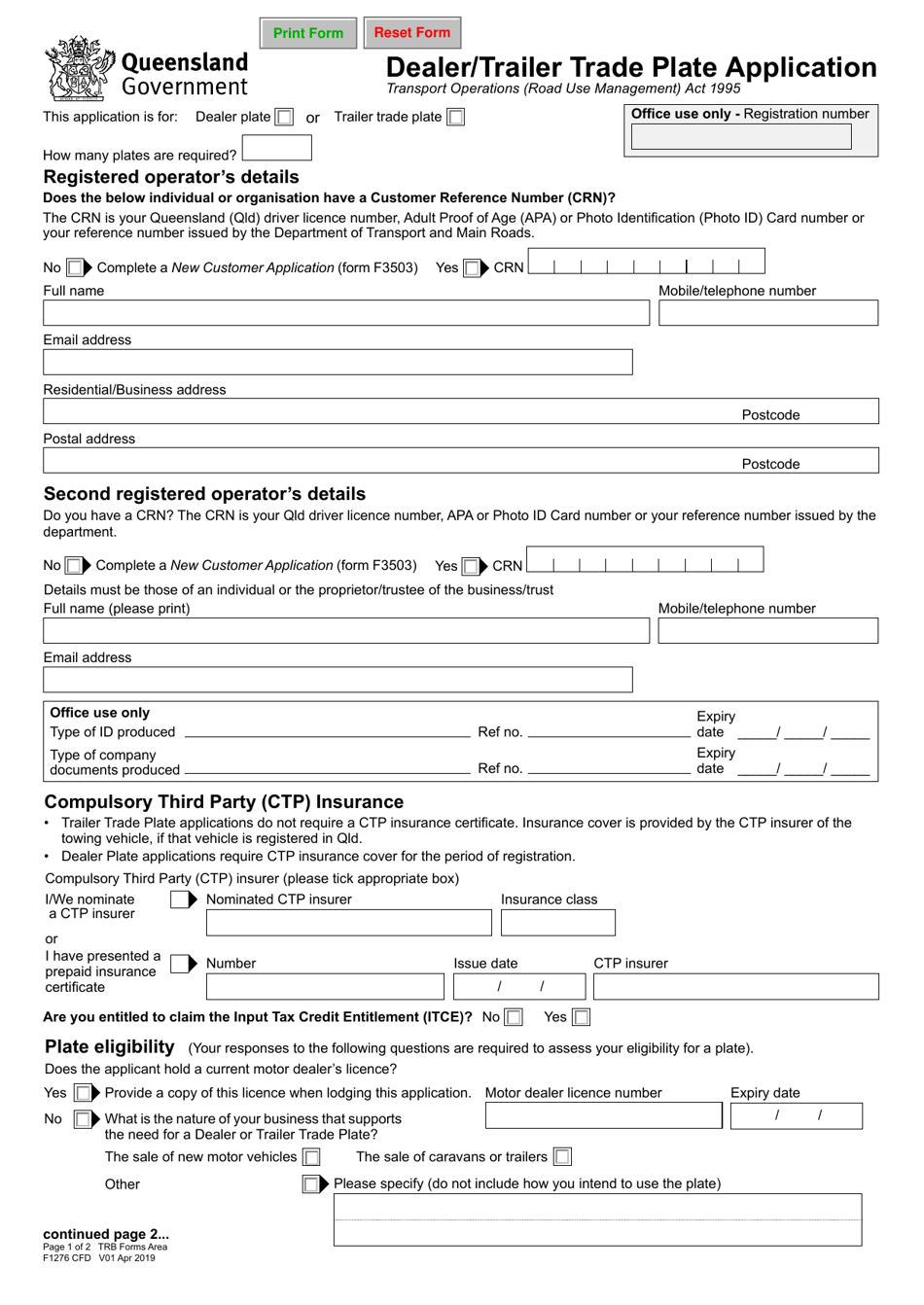Form F1276 Dealer / Trailer Trade Plate Application - Queensland, Australia, Page 1