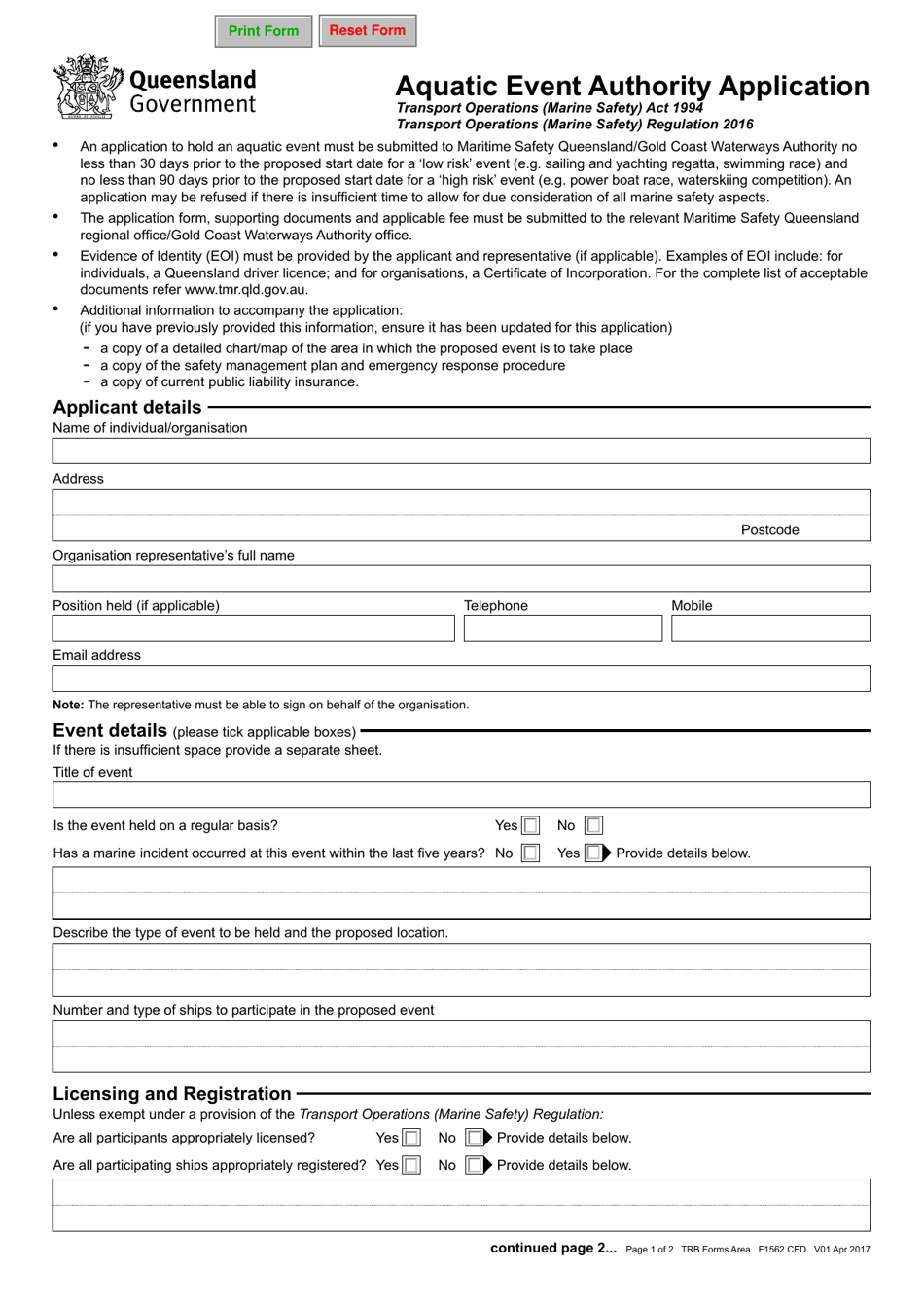Form F1562 Aquatic Event Authority Application - Queensland, Australia, Page 1