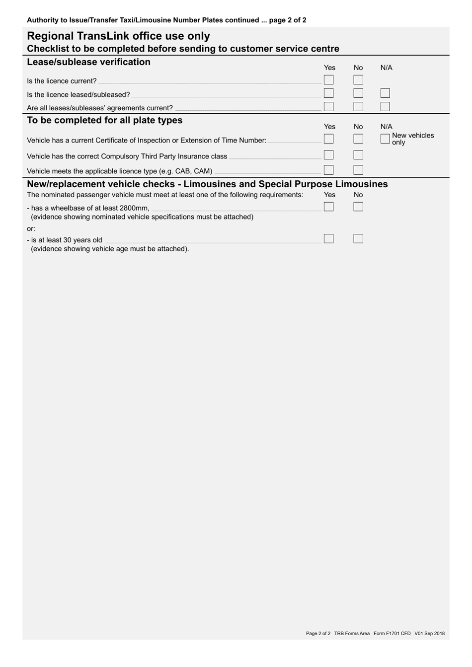 Form F1701 Authority to Issue / Transfer Taxi / Limousine / Special Purpose Limousine Number Plates - Queensland, Australia, Page 2