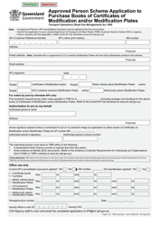 Document preview: Form F1856 Approved Person Scheme Application to Purchase Books of Certificates of Modification and/or Modification Plates - Queensland, Australia