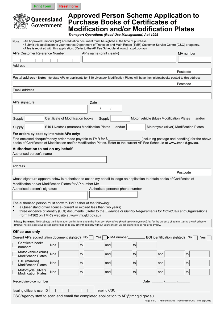 Form F1856 Approved Person Scheme Application to Purchase Books of Certificates of Modification and / or Modification Plates - Queensland, Australia, Page 1