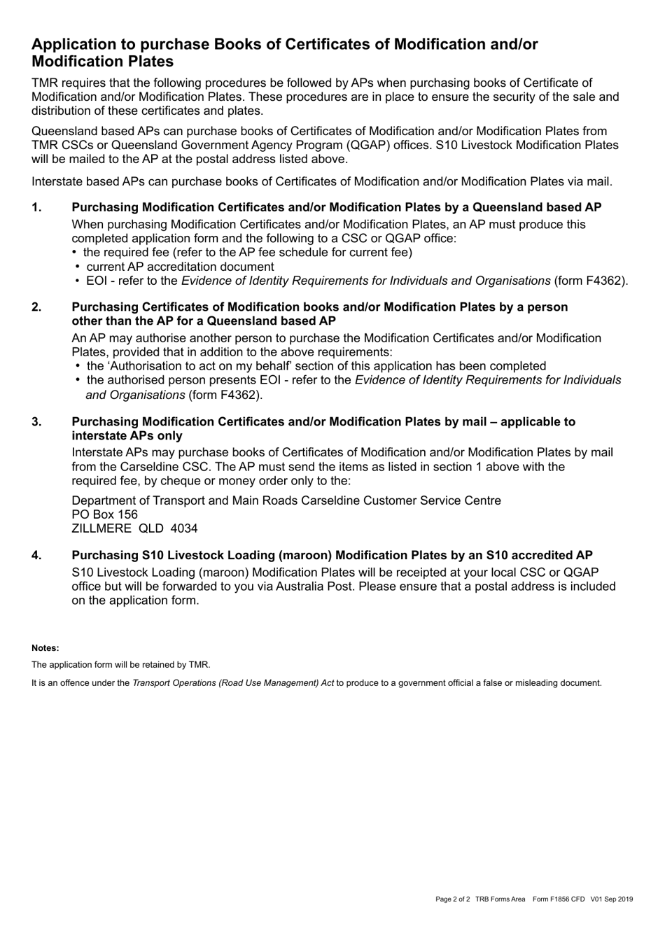 Form F1856 Approved Person Scheme Application to Purchase Books of Certificates of Modification and / or Modification Plates - Queensland, Australia, Page 2