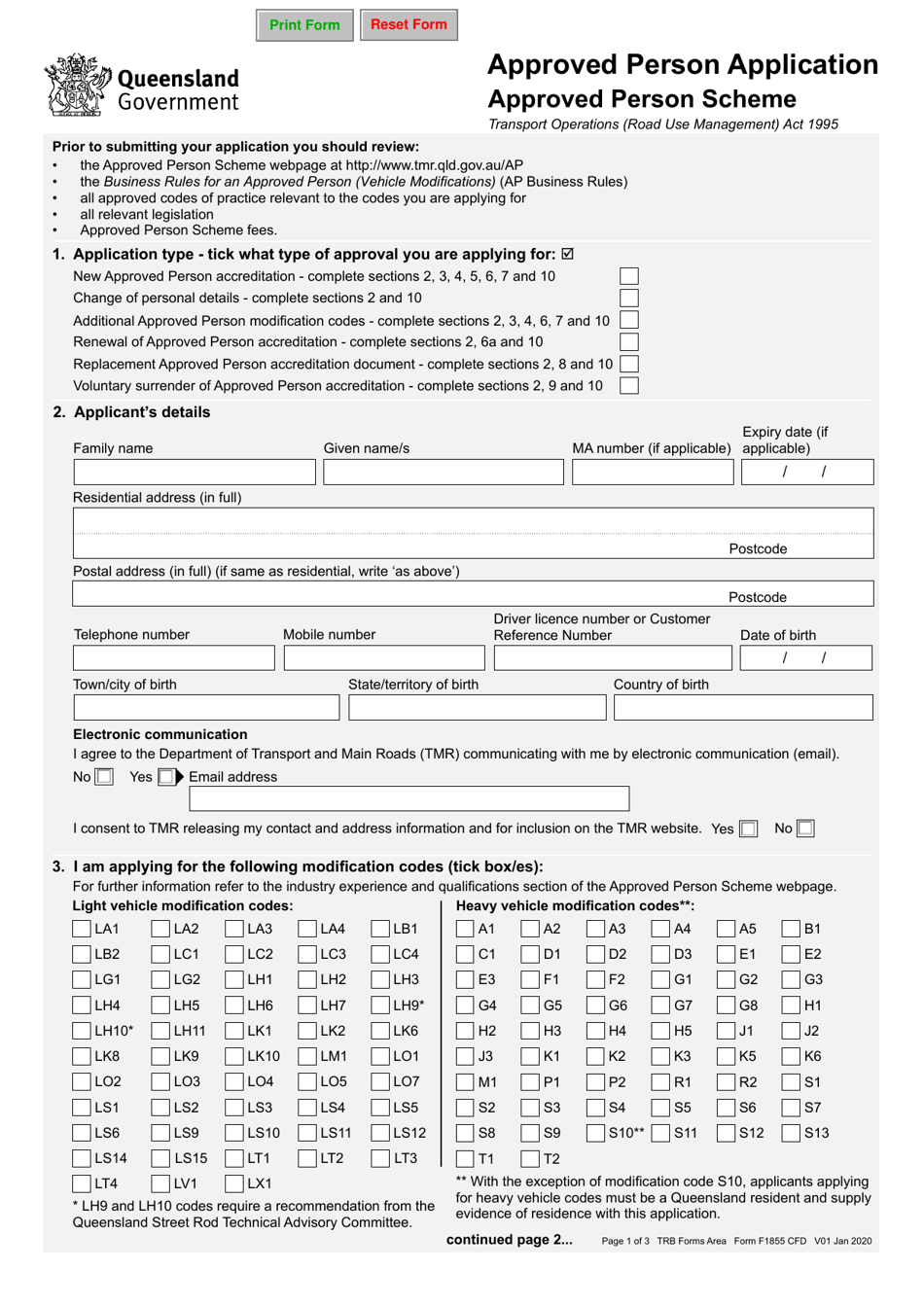 Form F1855 Approved Person Application - Queensland, Australia, Page 1
