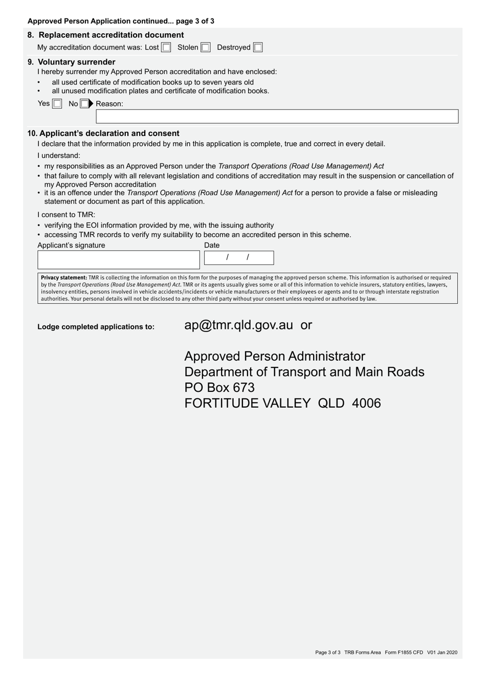 Form F1855 Approved Person Application - Queensland, Australia, Page 3