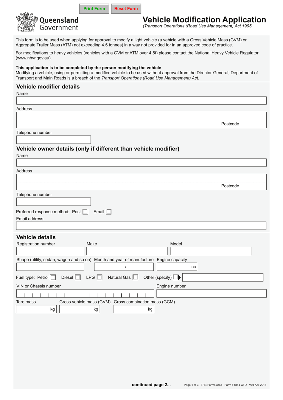 Form F1854 Vehicle Modification Application - Queensland, Australia, Page 1