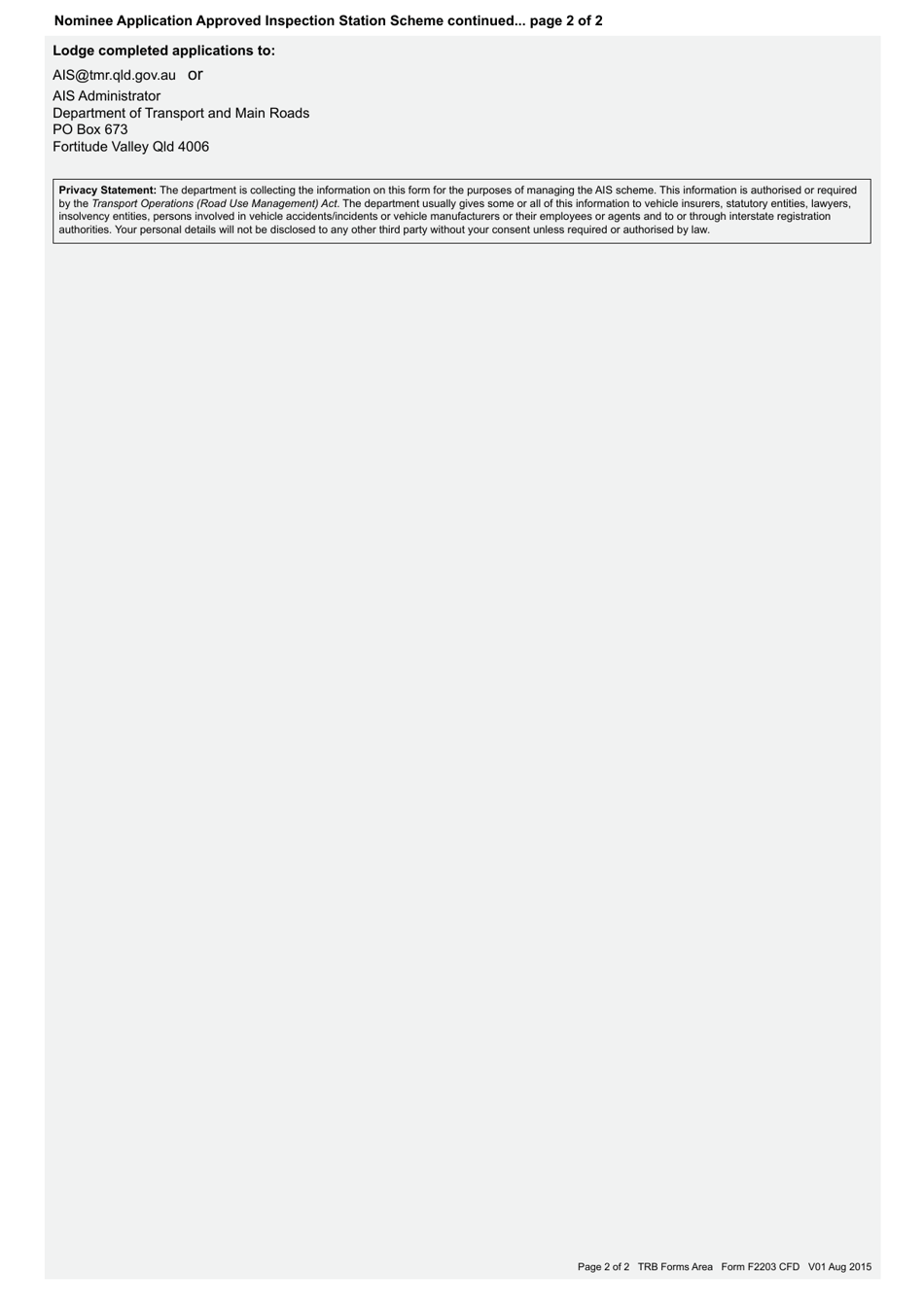 Form F2203 Nominee Application - Approved Inspection Station Scheme - Queensland, Australia, Page 2