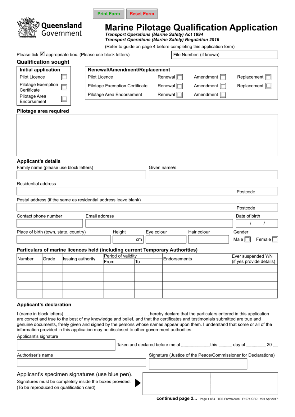 Form F1974 Marine Pilotage Qualification Application - Queensland, Australia, Page 1