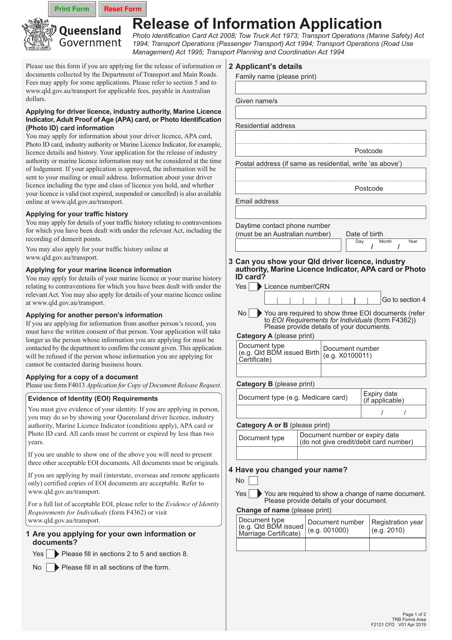 Form F2121 Release of Information Application - Queensland, Australia
