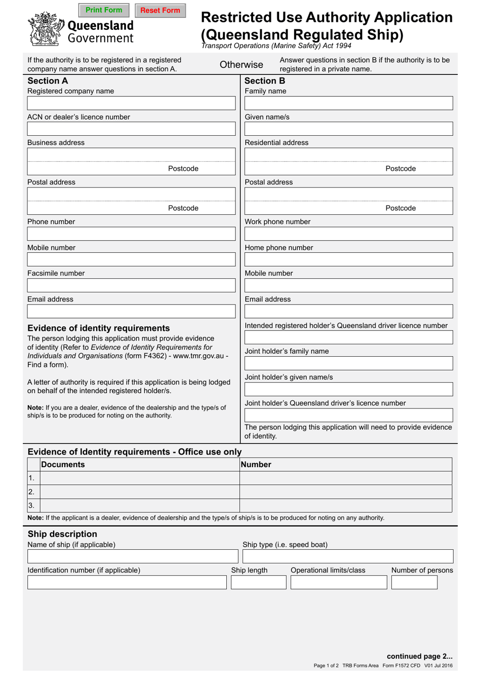 Form F1572 Restricted Use Authority Application (Queensland Regulated Ship) - Queensland, Australia, Page 1