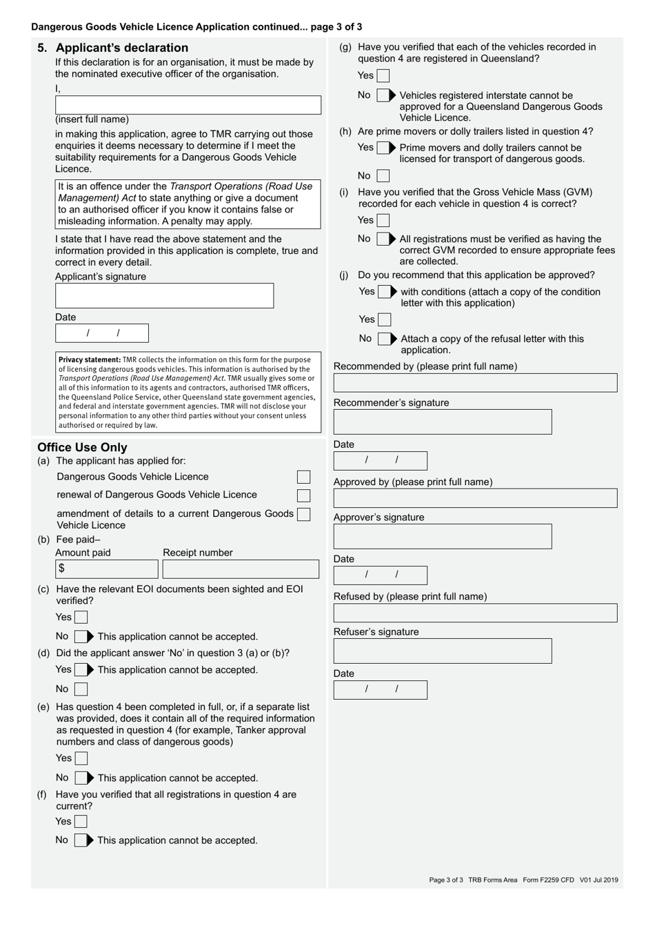 Form F2259 Dangerous Goods Vehicle Licence Application - Queensland, Australia, Page 3