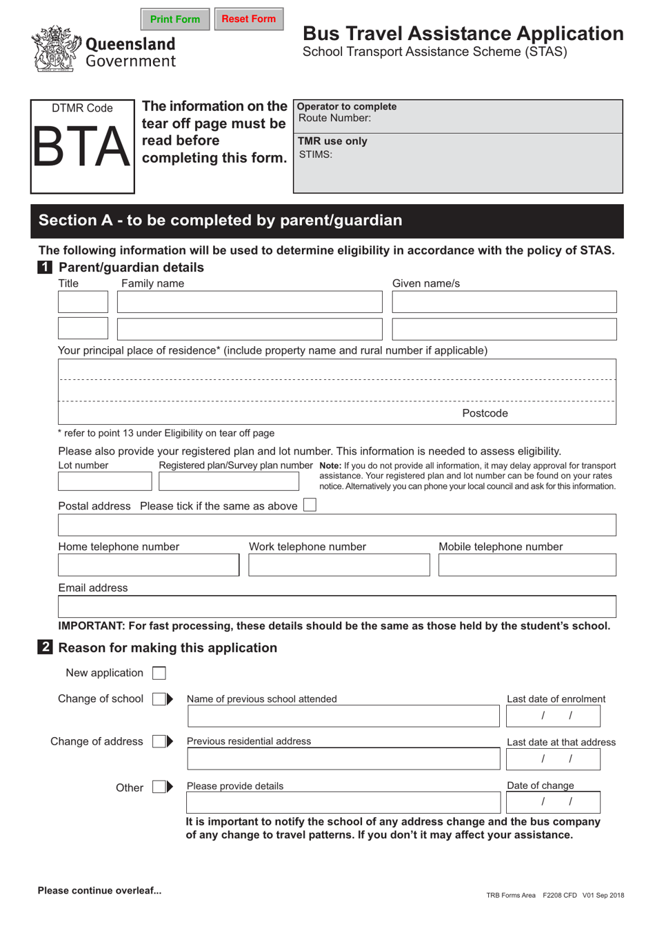 Form F2208 Bus Travel Assistance Application - Queensland, Australia, Page 1