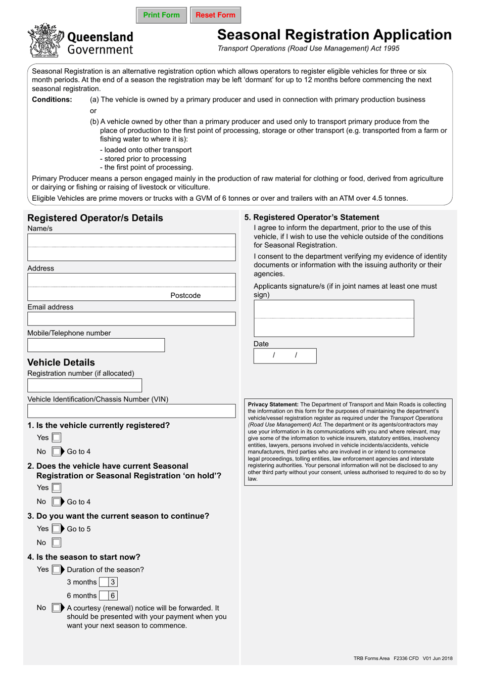 Form F2336 Seasonal Registration Application - Queensland, Australia, Page 1