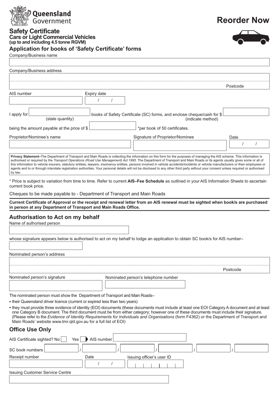Form F2498 Safety Certificate - Cars or Light Commercial Vehicles (Up to and Including 4.5 Tonne Rgvm) - Queensland, Australia, Page 1