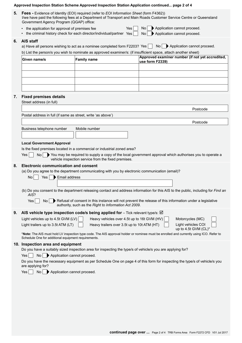 Form F2272 Approved Inspection Station Application - Approved Inspection Station Scheme - Queensland, Australia, Page 2