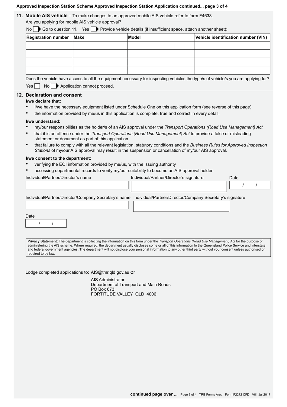Form F2272 Approved Inspection Station Application - Approved Inspection Station Scheme - Queensland, Australia, Page 3