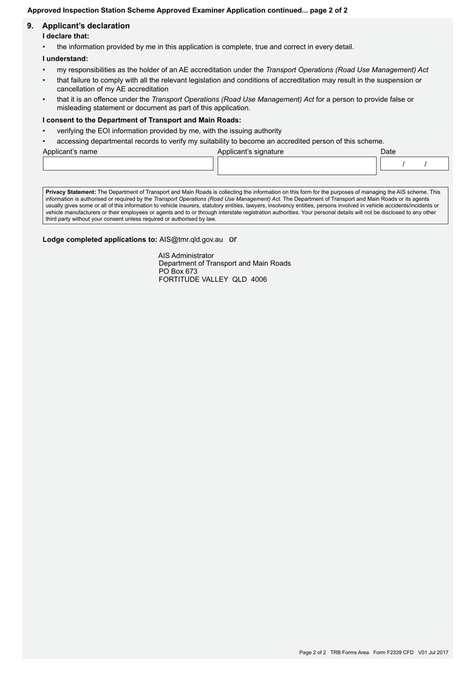 Form F2339 Approved Examiner Application - Approved Inspection Station Scheme - Queensland, Australia, Page 2