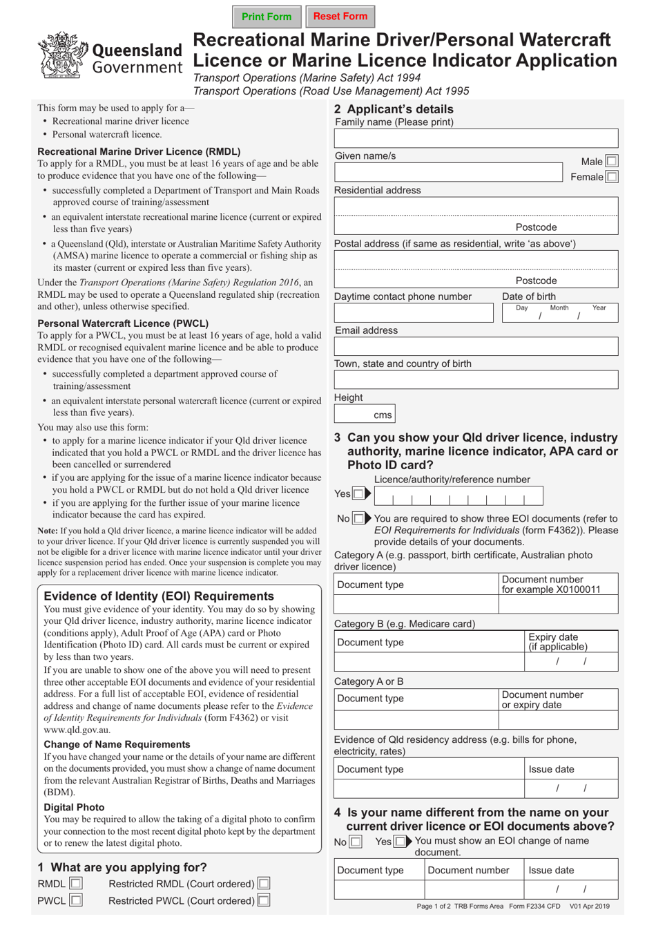 Form F2334 Recreational Marine Driver / Personal Watercraft Licence or Marine Licence Indicator Application - Queensland, Australia, Page 1