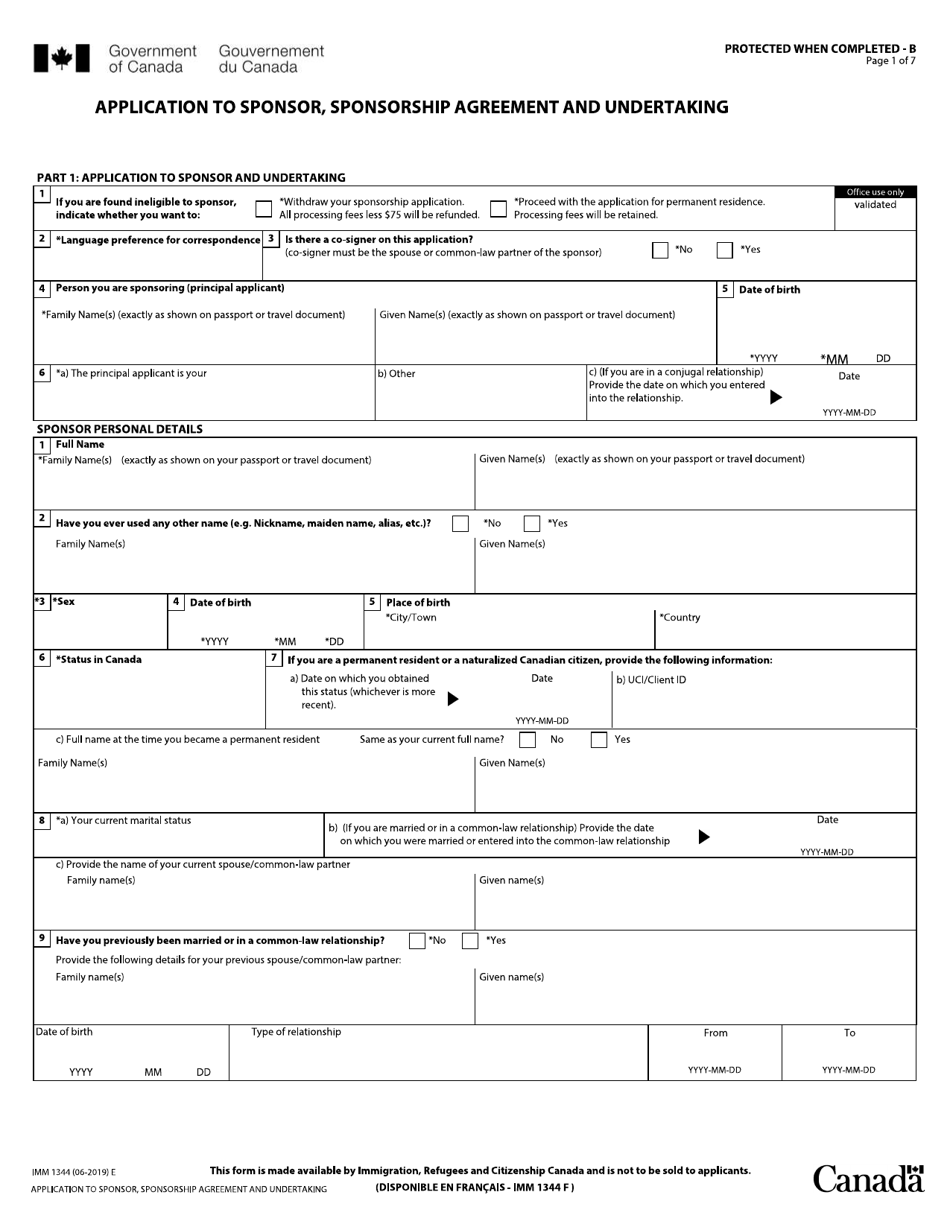 Form IMM1344 Application to Sponsor, Sponsorship Agreement and Undertaking - Canada, Page 1