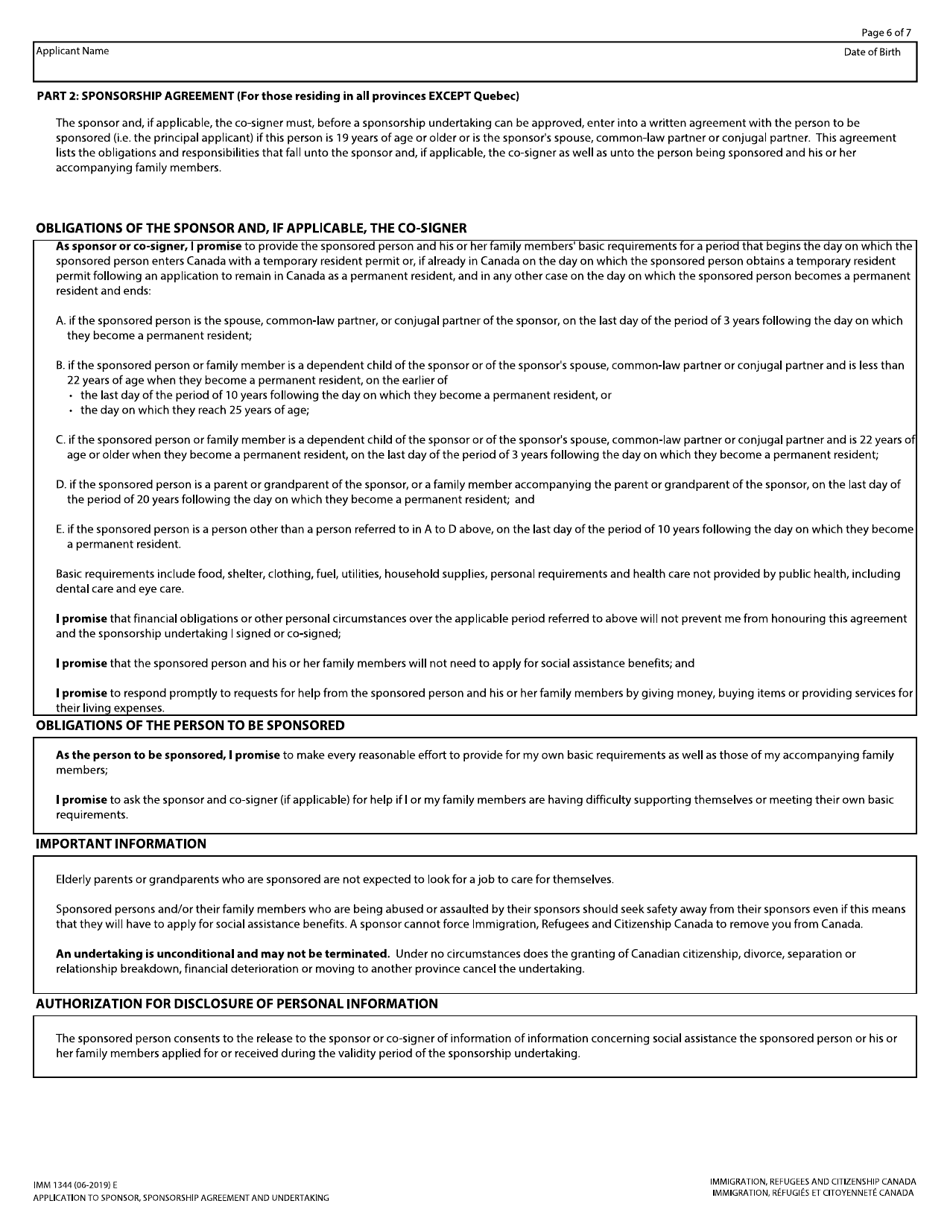 Form IMM1344 Application to Sponsor, Sponsorship Agreement and Undertaking - Canada, Page 6