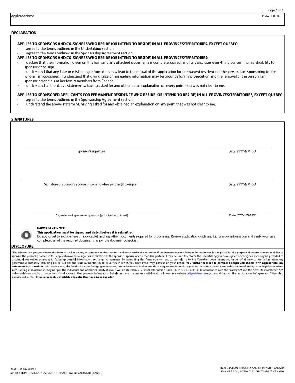 Form IMM1344 Application to Sponsor, Sponsorship Agreement and Undertaking - Canada, Page 7