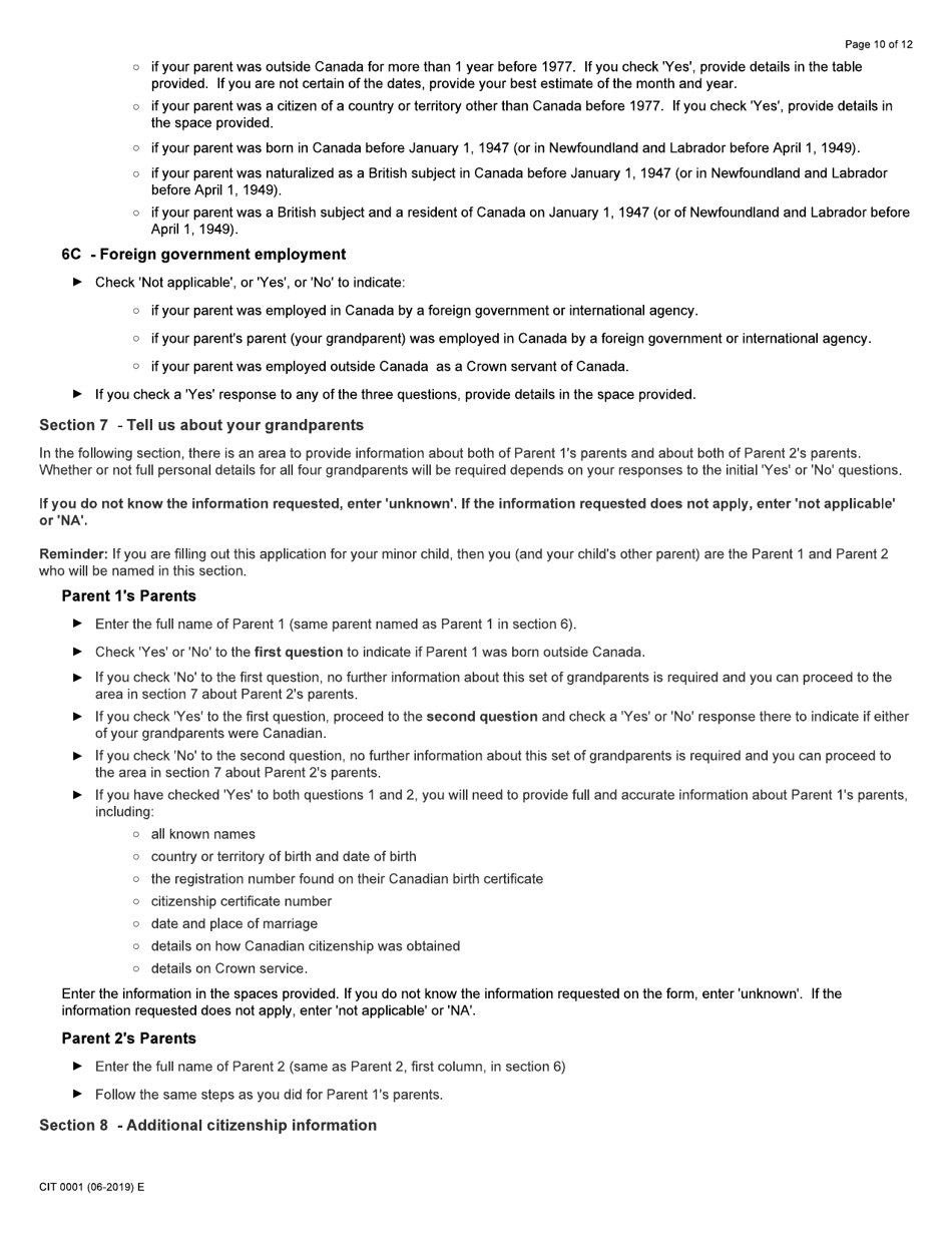 Form CIT0001 Application for Citizenship Certificate for Adults and Minors (Proof of Citizenship) - Canada, Page 10